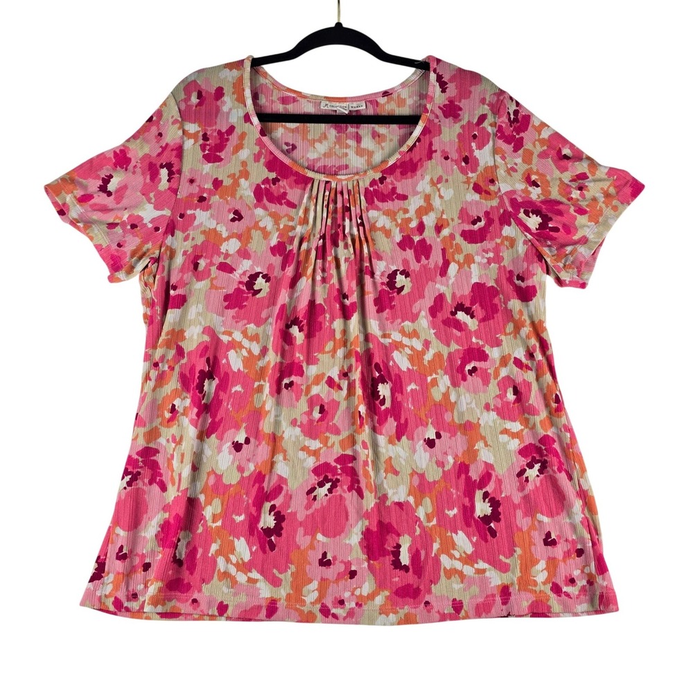 JM Collection Floral Pleated Front Top‎ Women 1X Pink Orange Ribbed Short Sleeve